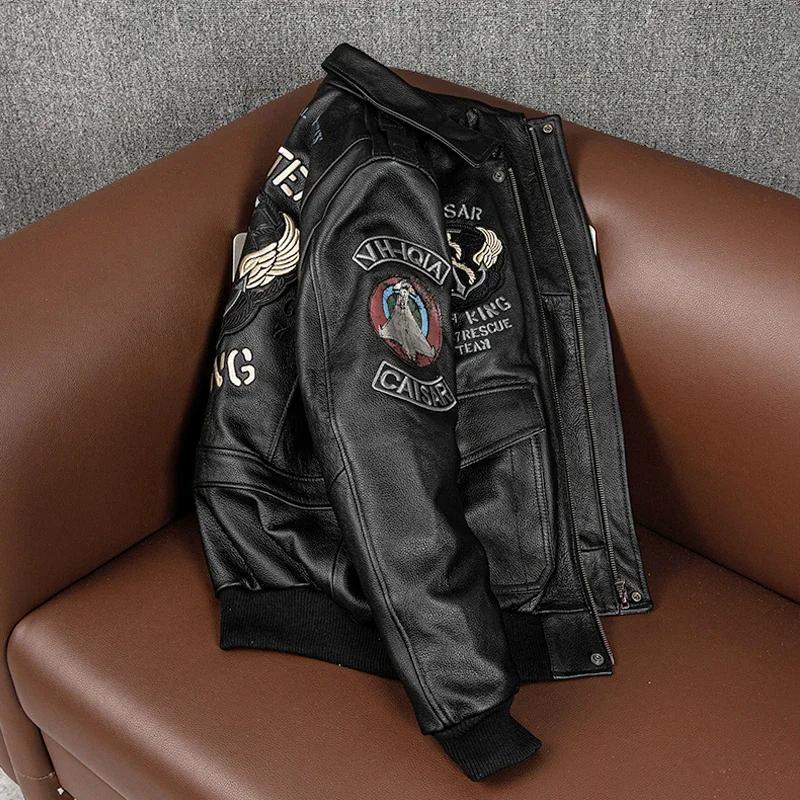 Blouson aviateur en cuir véritable brodé pour hommes, veste Air Force, manteau de moto, vêtements de