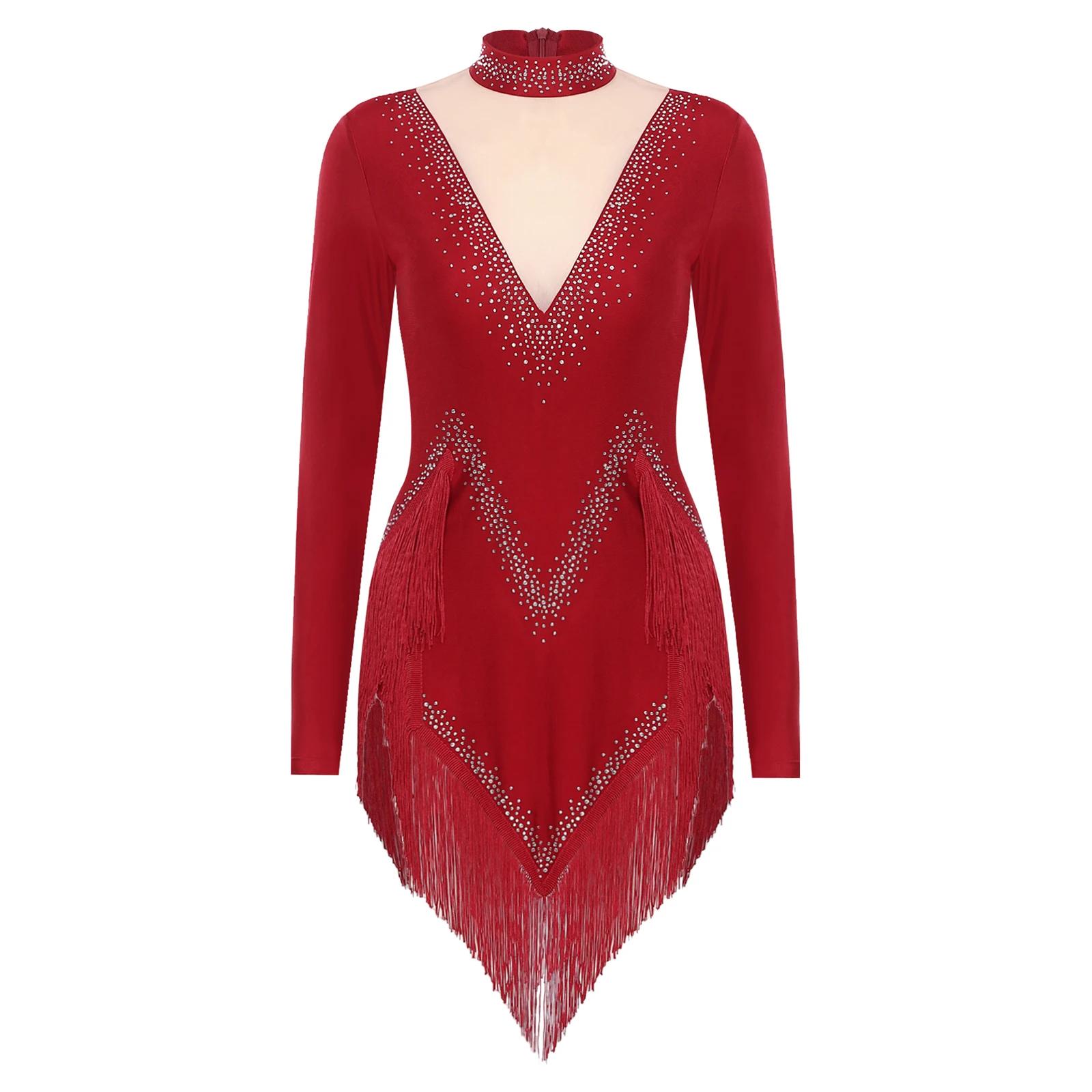 Body de danse latine à franges pour femmes, robe justaucorps à manches longues, vêtements de danse S