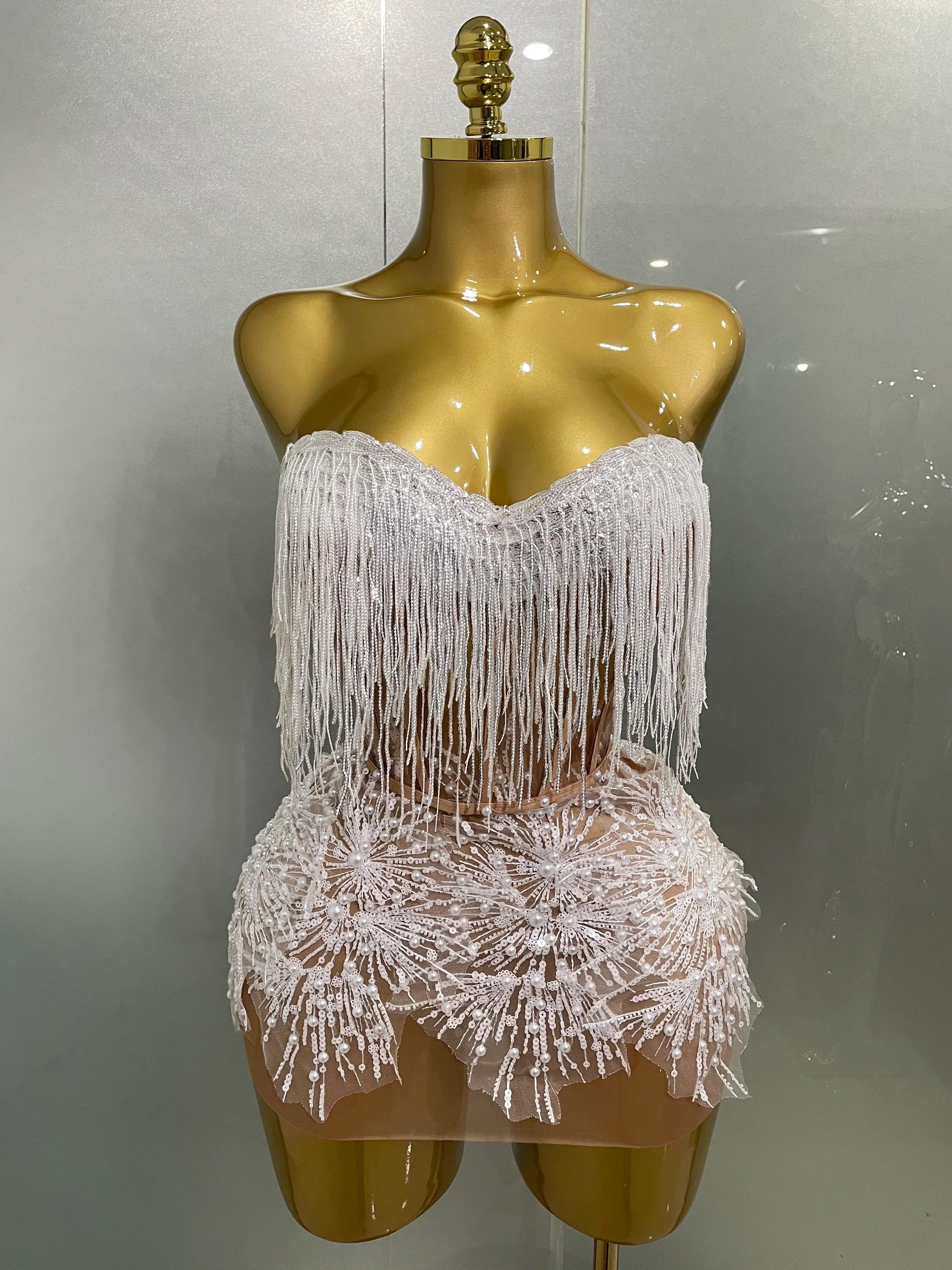2025 Sexy perle paillettes gland sans manches paillettes Mini robe femmes chanteur Bar discothèque s