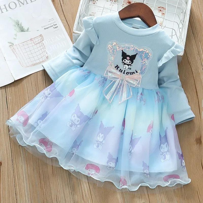 Robe de printemps et d'automne pour filles, en maille, dessin animé Kuromi, robes de princesse à man