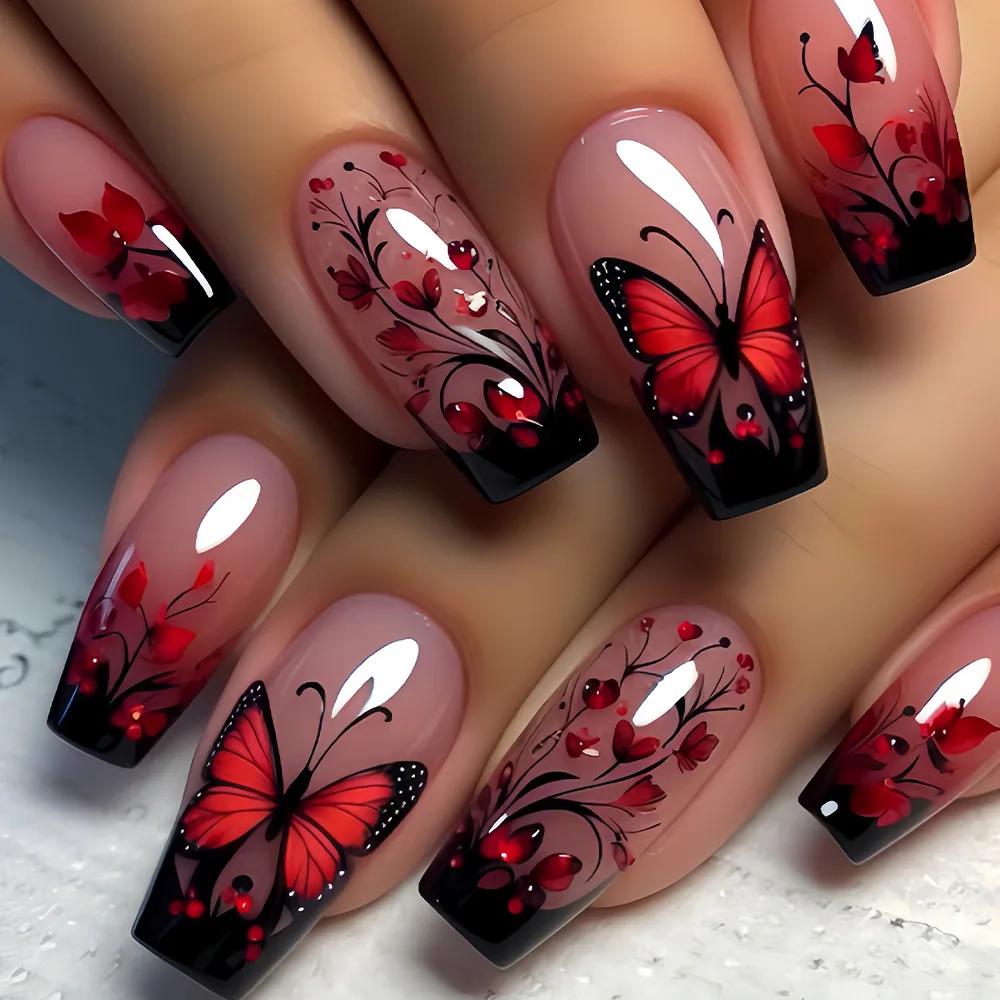 Faux ongles courts et moyens, violet, bleu, rouge, marron, fleurs noires, papillon, automne-hiver, p