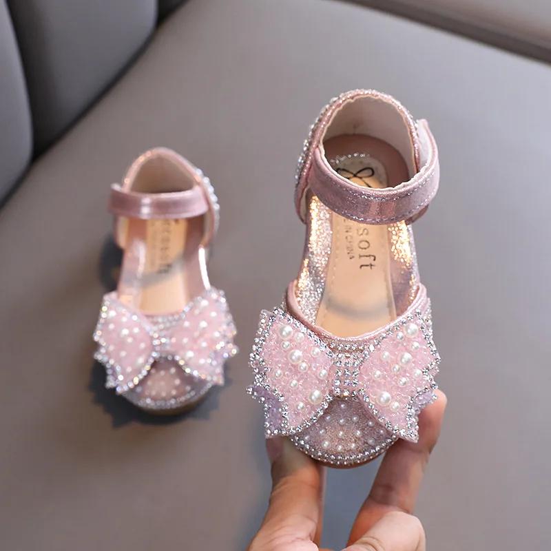 Sandales d'été plates de princesse pour filles, chaussures à paillettes avec nœud en strass, chaussu