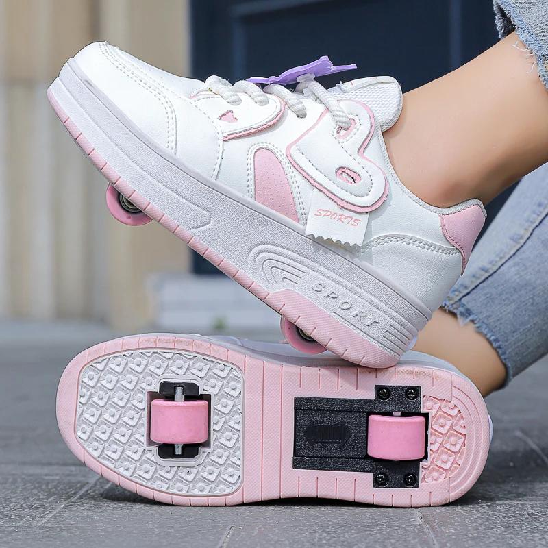 Chaussures de marche respirantes à lacets pour filles, patins de sport rétractables à deux roues pou