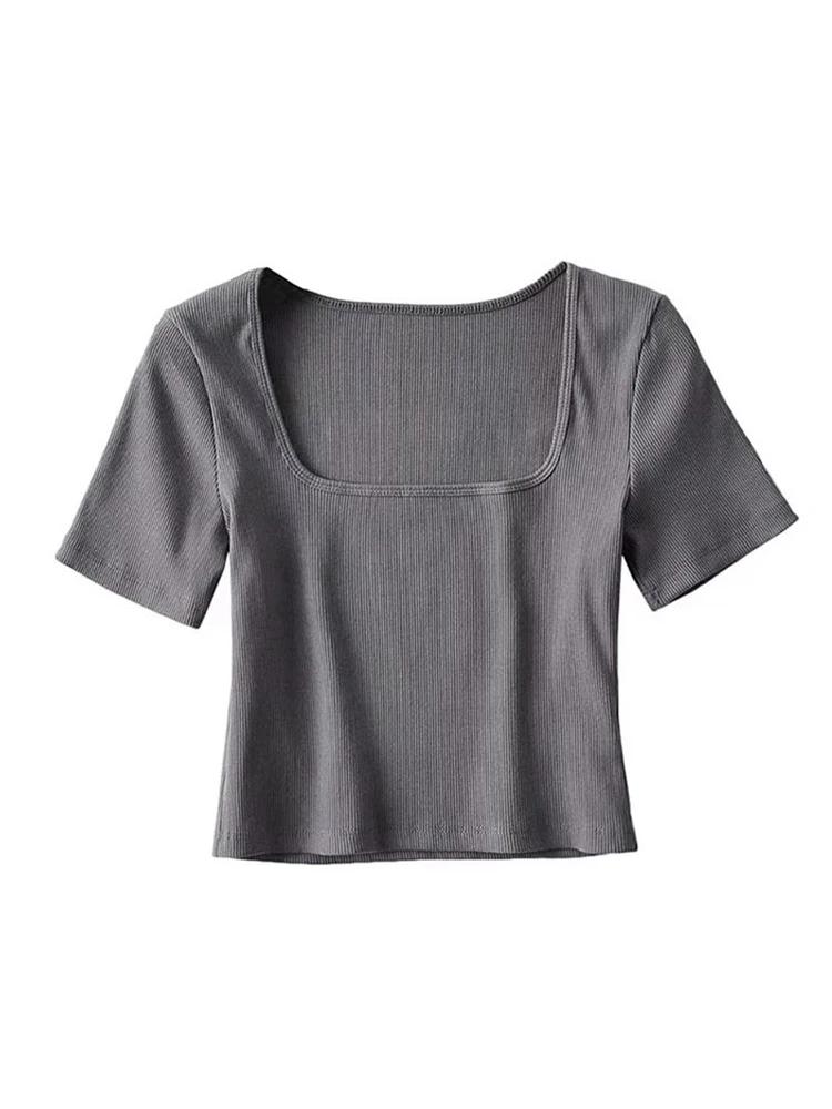 T-shirt court côtelé à col carré pour femmes, haut court à manches courtes