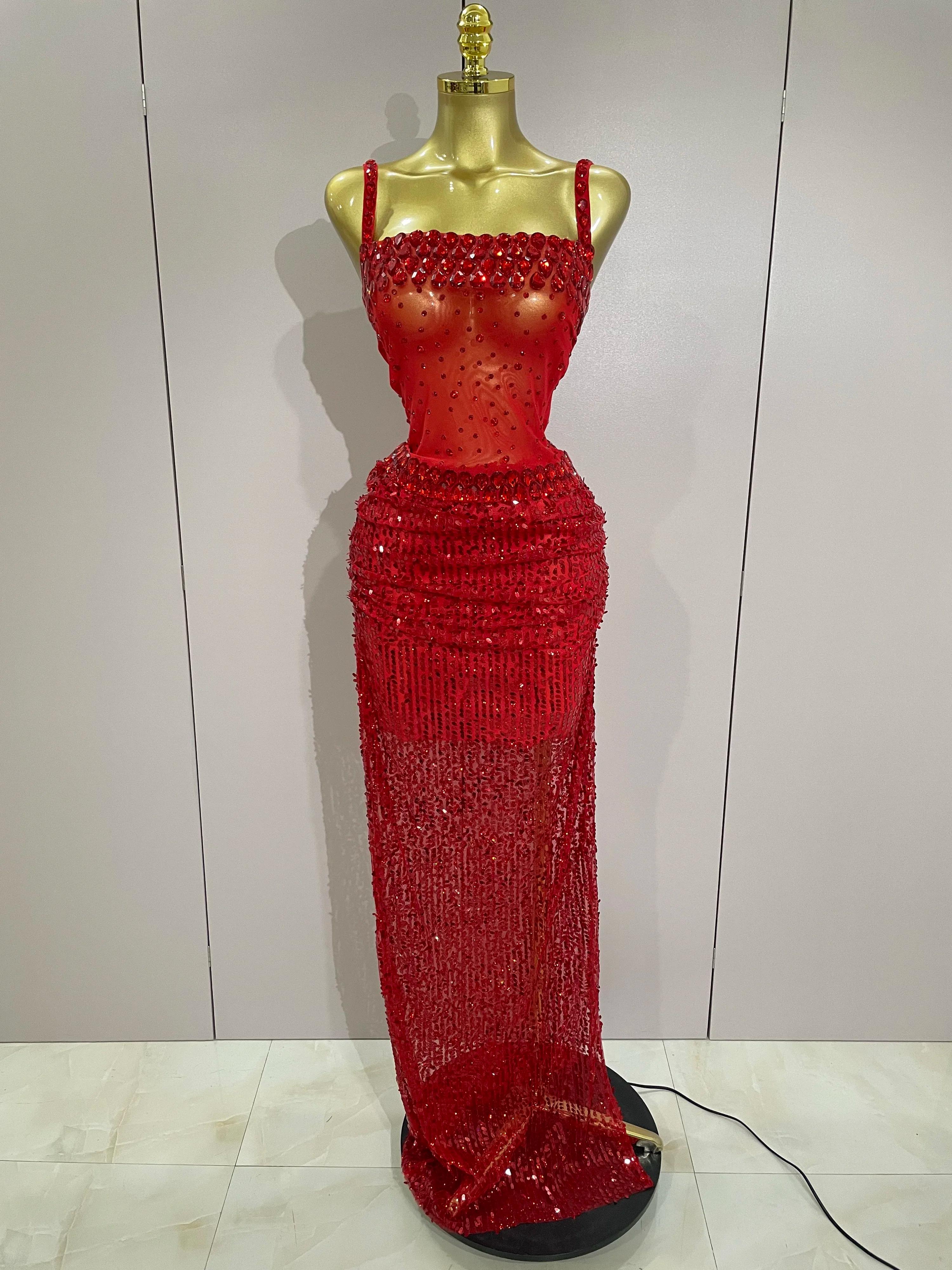 Robe longue 2 pièces transparente et sexy avec strass rouges scintillants et paillettes, pour femmes