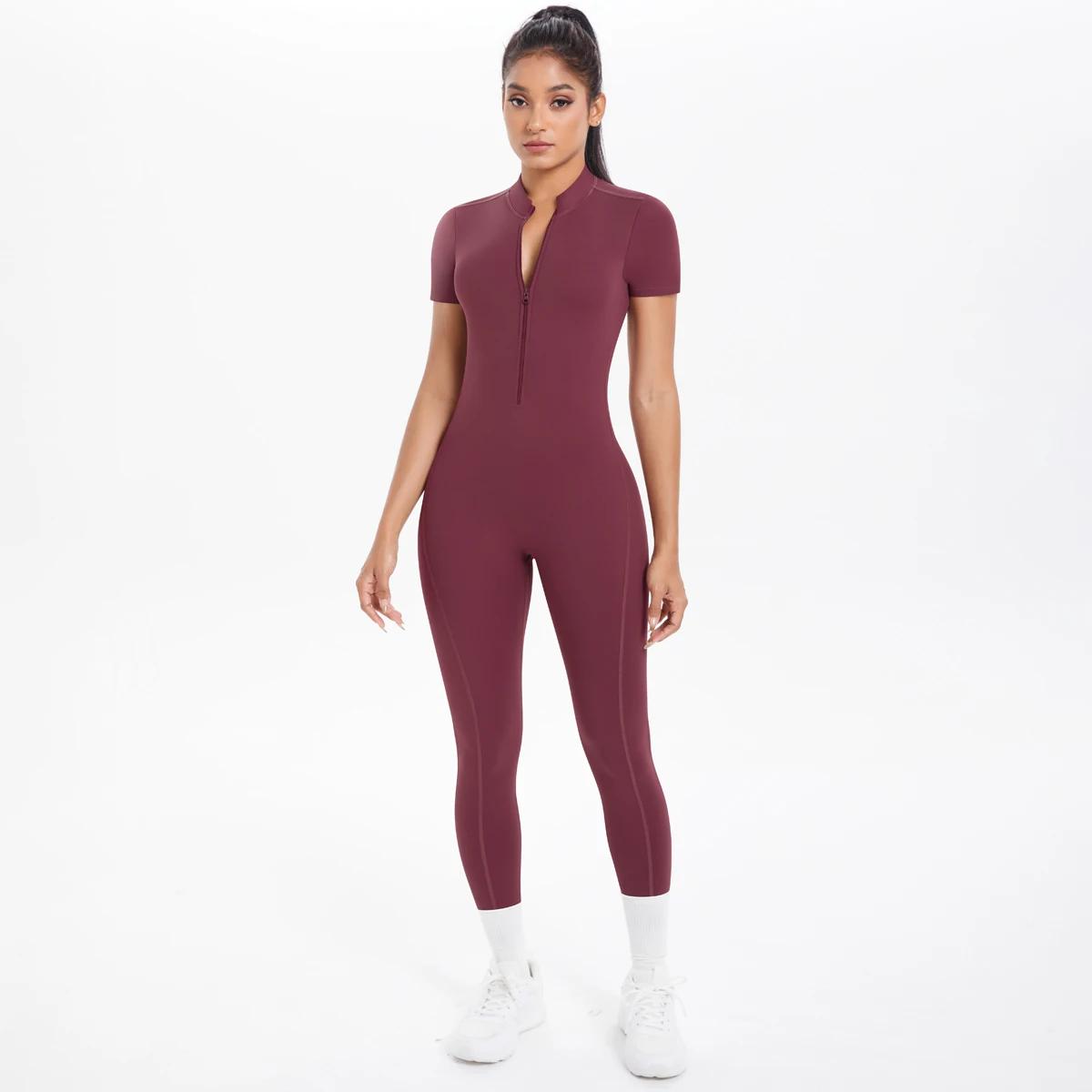 Combinaison de Fitness à manches courtes pour femmes, body dos nu, couleur unie, froissé, une pièce,