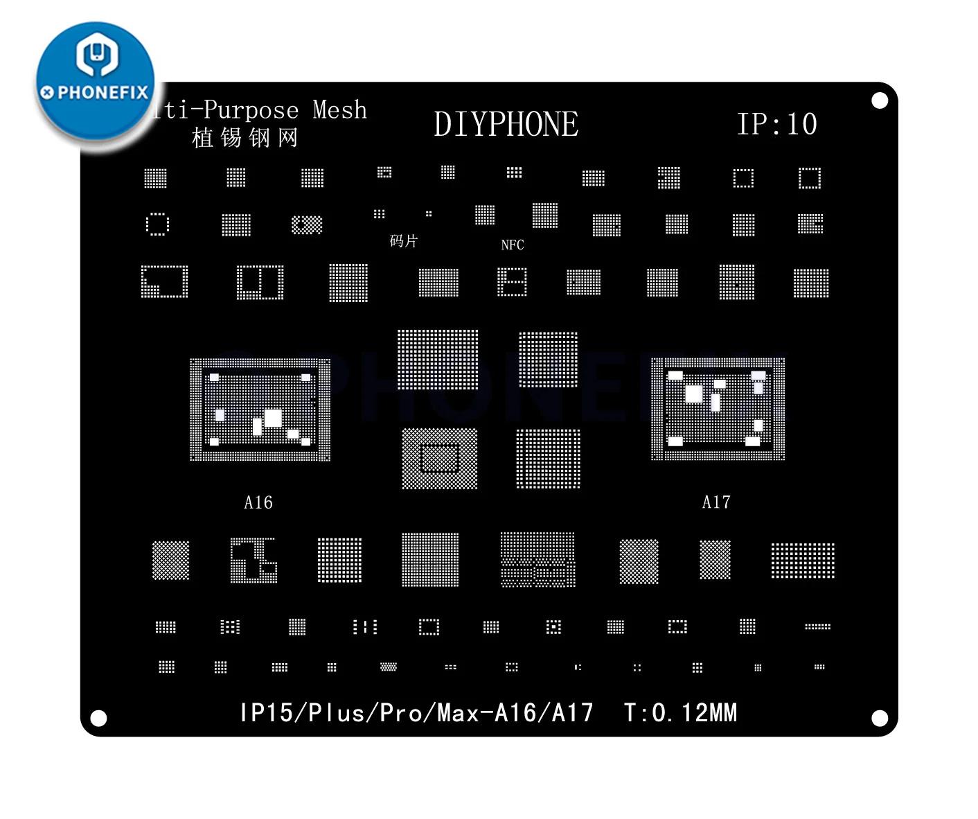 Kit de pochoirs de reballage DIYPHONE BGA pour iPhone 17 16 15 14 13 13mini 11 12 Pro Max, filet à s