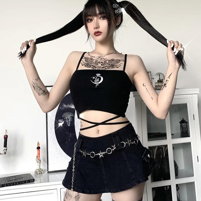 Haut court gothique imprimé à bretelles, sans manches, col carré, Slim, Sexy, col licou, chemise à b