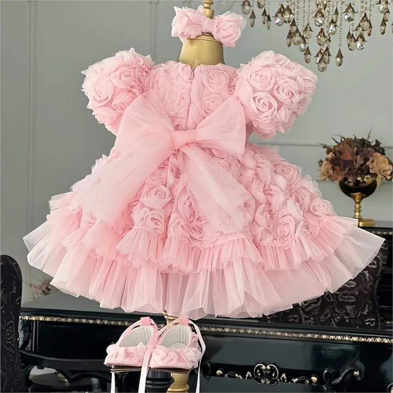 Robe Tutu princesse pour petites filles de 2 à 14 ans, motif floral 3D, Rose, pour fête de mariage,