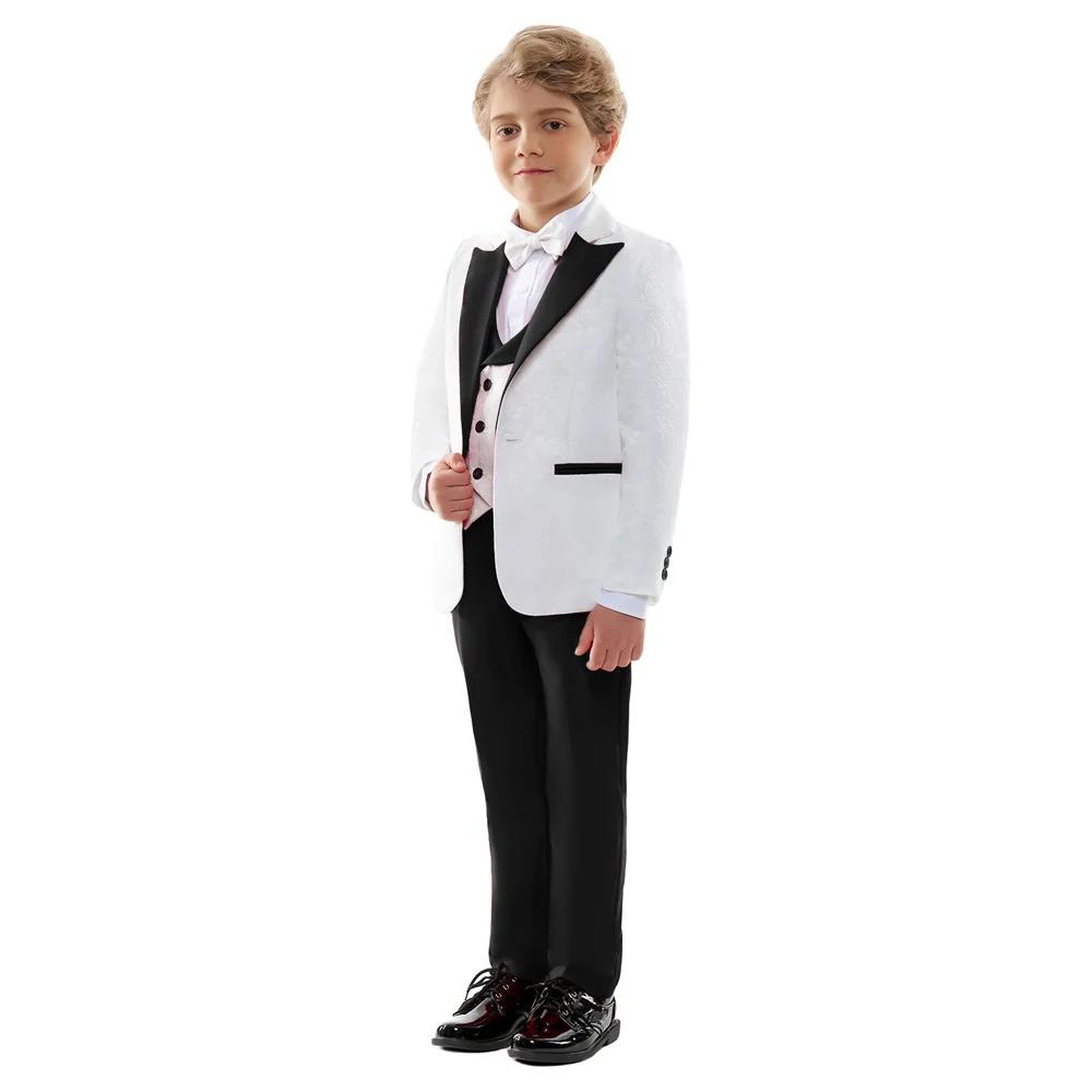 Costume formel élégant texturé blanc et noir pour enfants, smoking à fleurs pour garçon, pour mariag