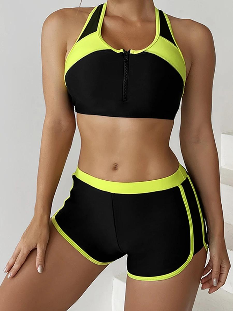 Maillot de bain deux pièces pour femmes, ensemble Tankini avec fermeture éclair, short taille haute,