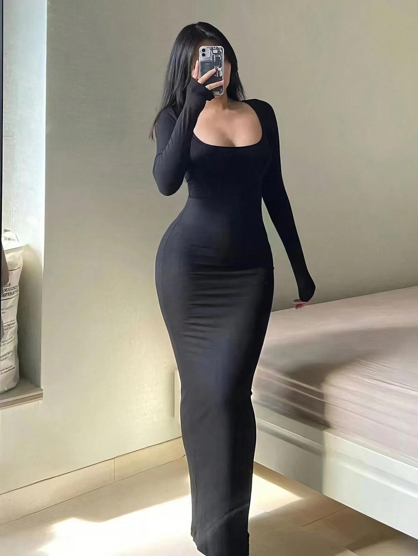 Robe moulante à manches longues pour femmes, robe longue Chic basique minimaliste décontractée à la