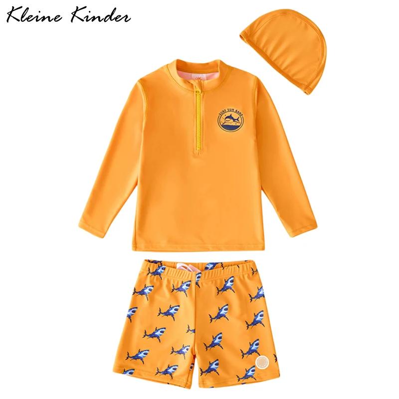 Maillot de bain manches longues enfants protection UV UPF50 vêtement plage garçon requin orange