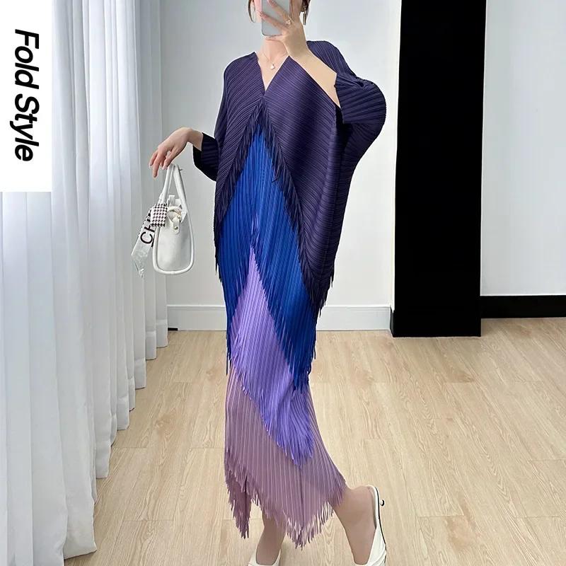 Robe plissée à franges pour femme, col en V, manches chauve-souris, épissure, mode, printemps, été,