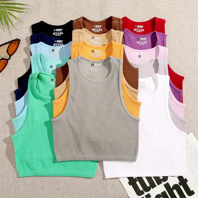 Haut court en tricot côtelé élastique pour femme, Économie basiques monochromes, Streetwear sans cou