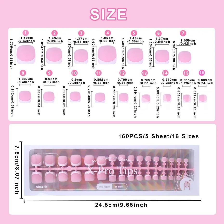 160 pièces faux ongles des orteils rose français court carré couverture complète naturel artificiel