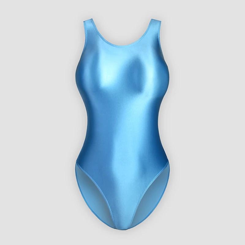 MJINM femmes brillant maillots de bain une pièce sans manches taille haute lisse sport Opaque plage