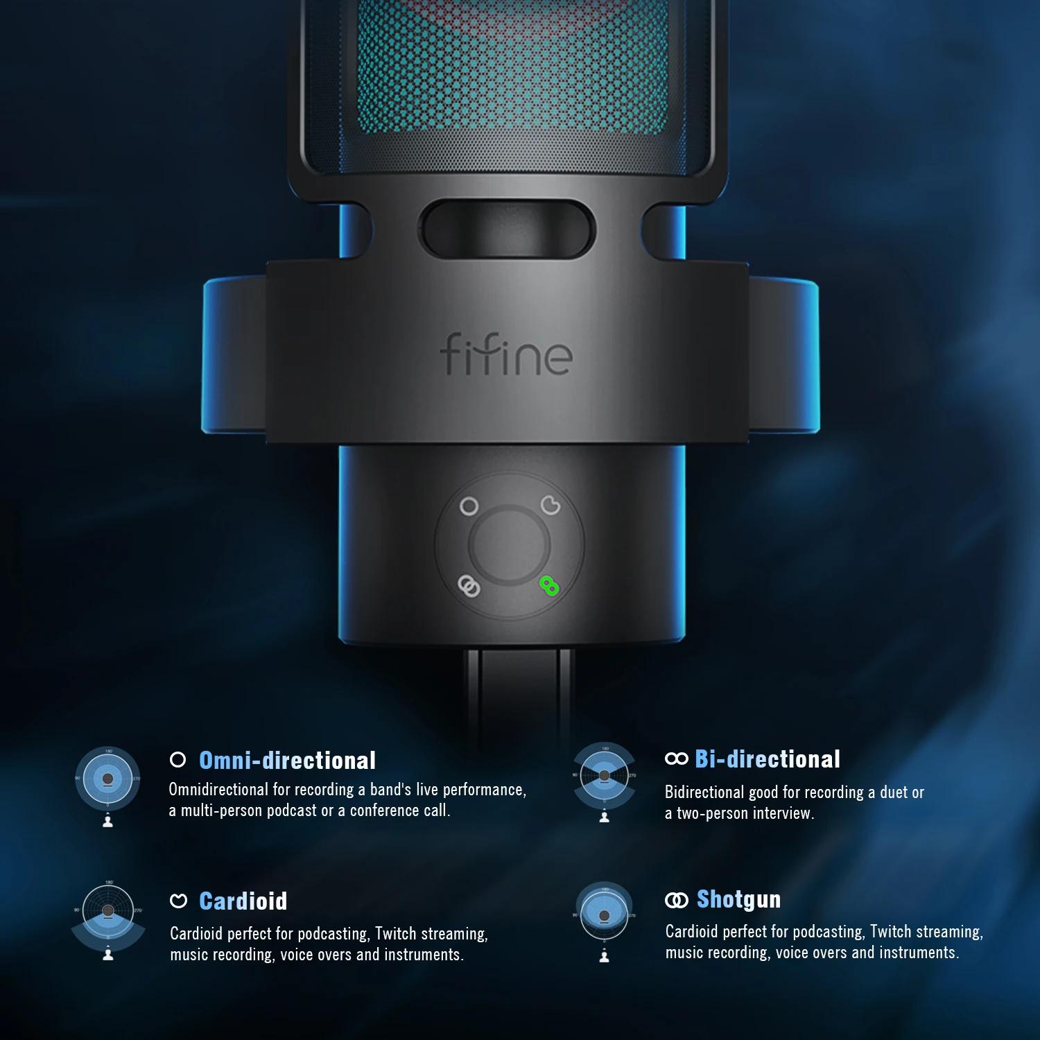 FIFINE-Ampligame A8 PLUS USB MIC avec abonnés, RVB allable, 3 capsules, 4 motifs polaires, cadrans d