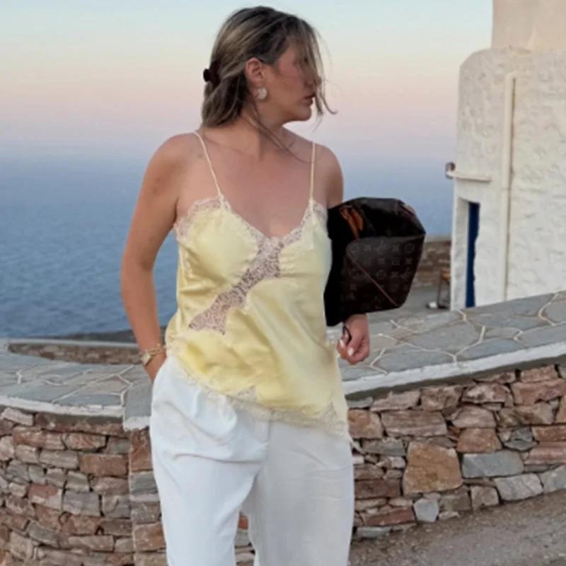 HXAO femmes recadrée dentelle haut Slip dos nu Sexy haut bleu femmes sans manches Camisole hauts de