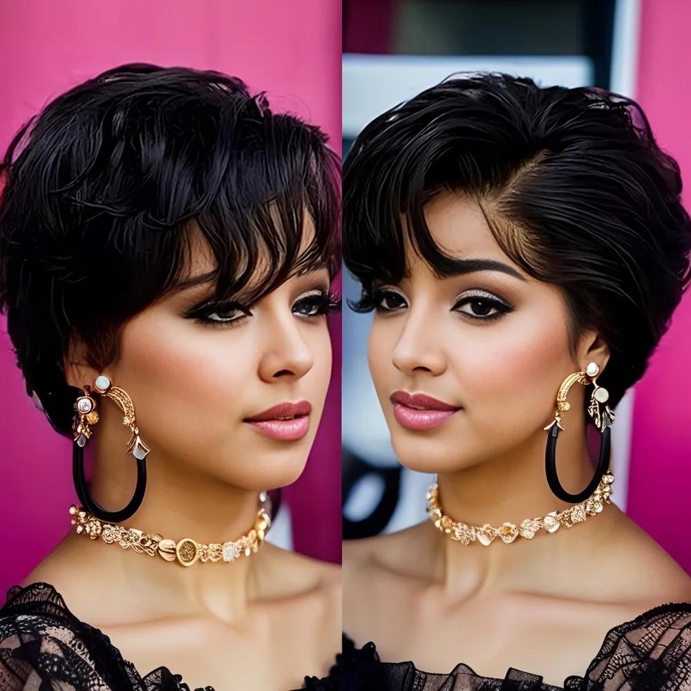 Perruque Lace Front Wig naturelle transparente, cheveux humains, coupe Pixie, ondulée naturelle, cou