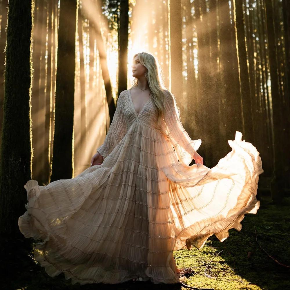Robe longue bohème en tulle moelleux pour séance photo, robe de grossesse, manches longues, col en V