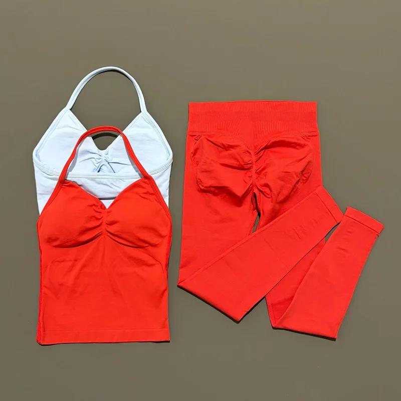 Ensemble de yoga sans couture pour femme : haut dos nu et leggings taille haute froncés aux fesses,