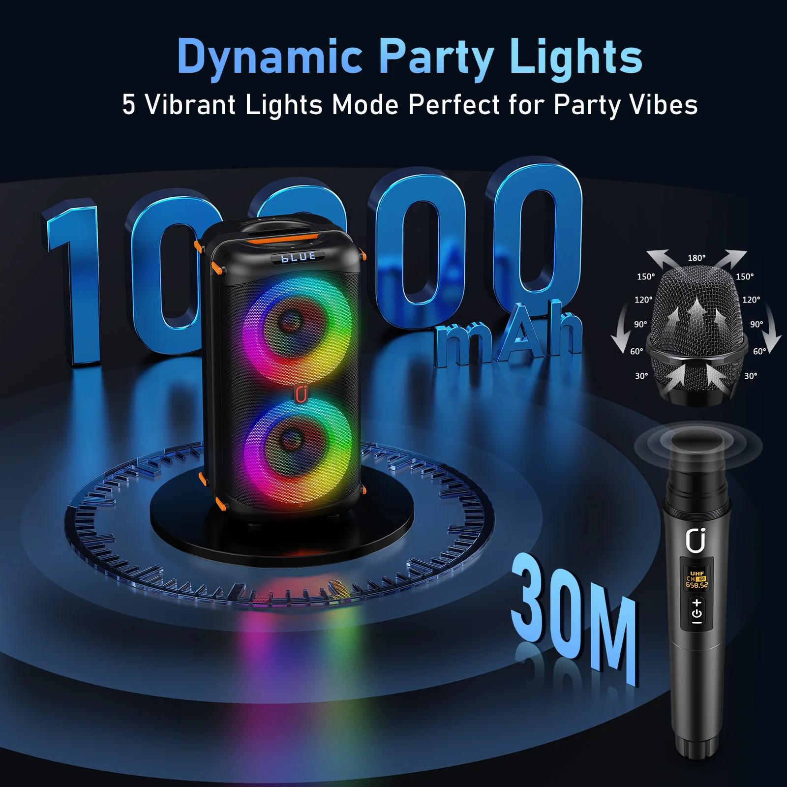 Machine de karaoké T27-T avec 2 microphones sans fil, système PA pour grandes fêtes avec lumières Di