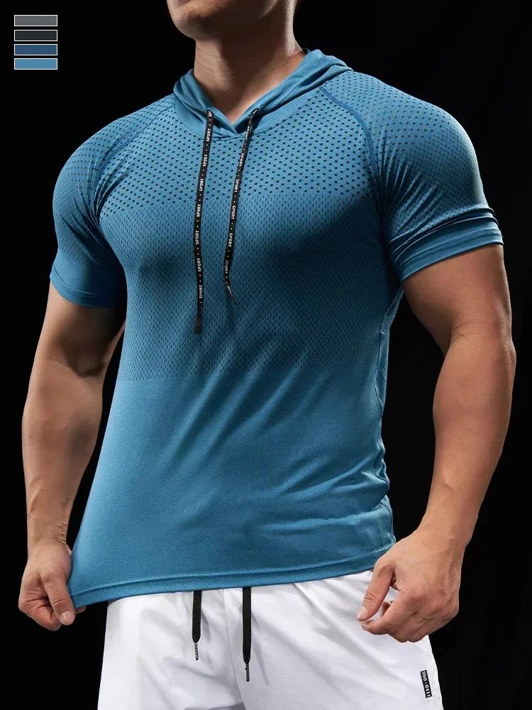 Sweat à capuche homme fitness course musculaire - T-shirt manches courtes cyclisme extérieur