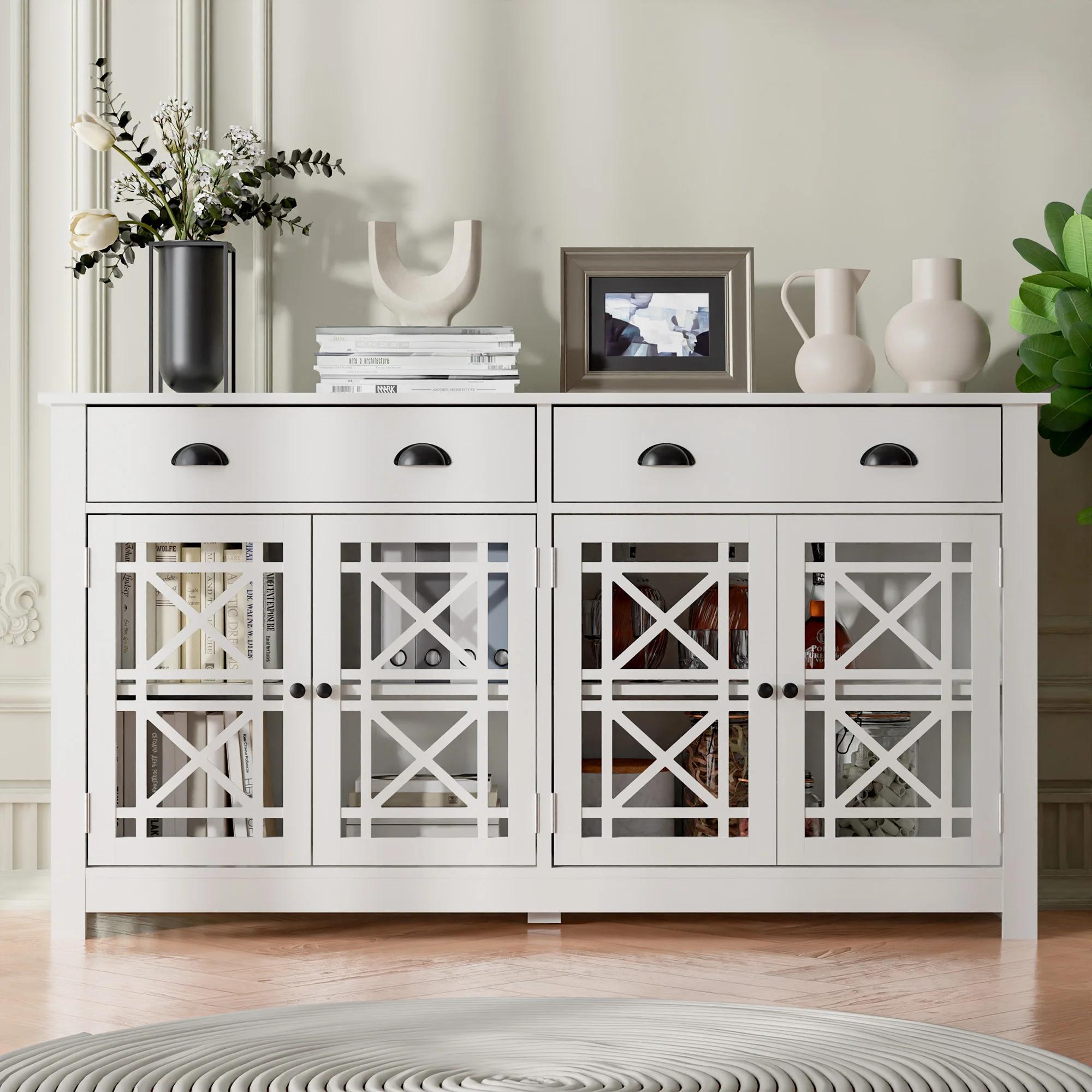Buffet en bois avec 4 portes en verre acrylique, armoire de bar autoportante, armoire de planche mod