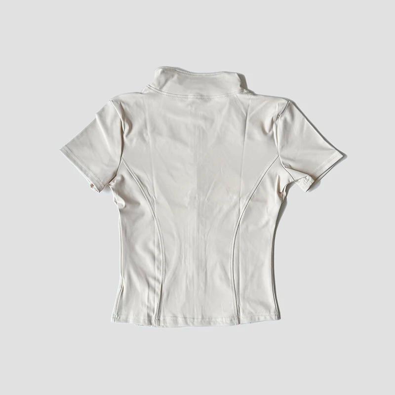 Chemise de Yoga à manches courtes pour femmes, coupe cintrée, col montant, veste à fermeture éclair,