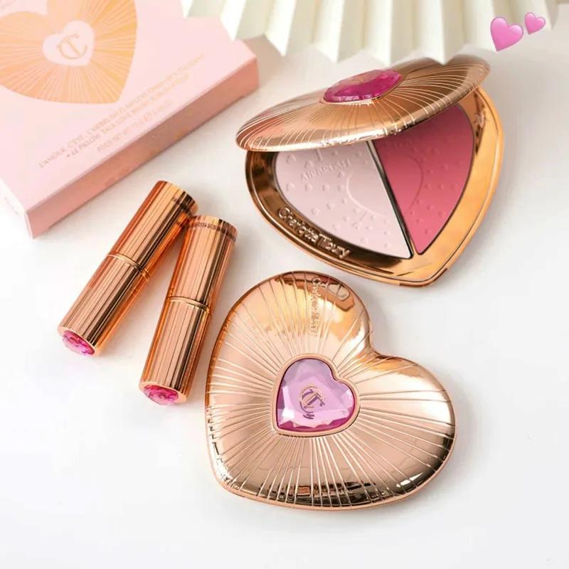 CT Blush en poudre bicolore en forme de cœur, maquillage longue tenue, petit tube doré, rouge à lèvr