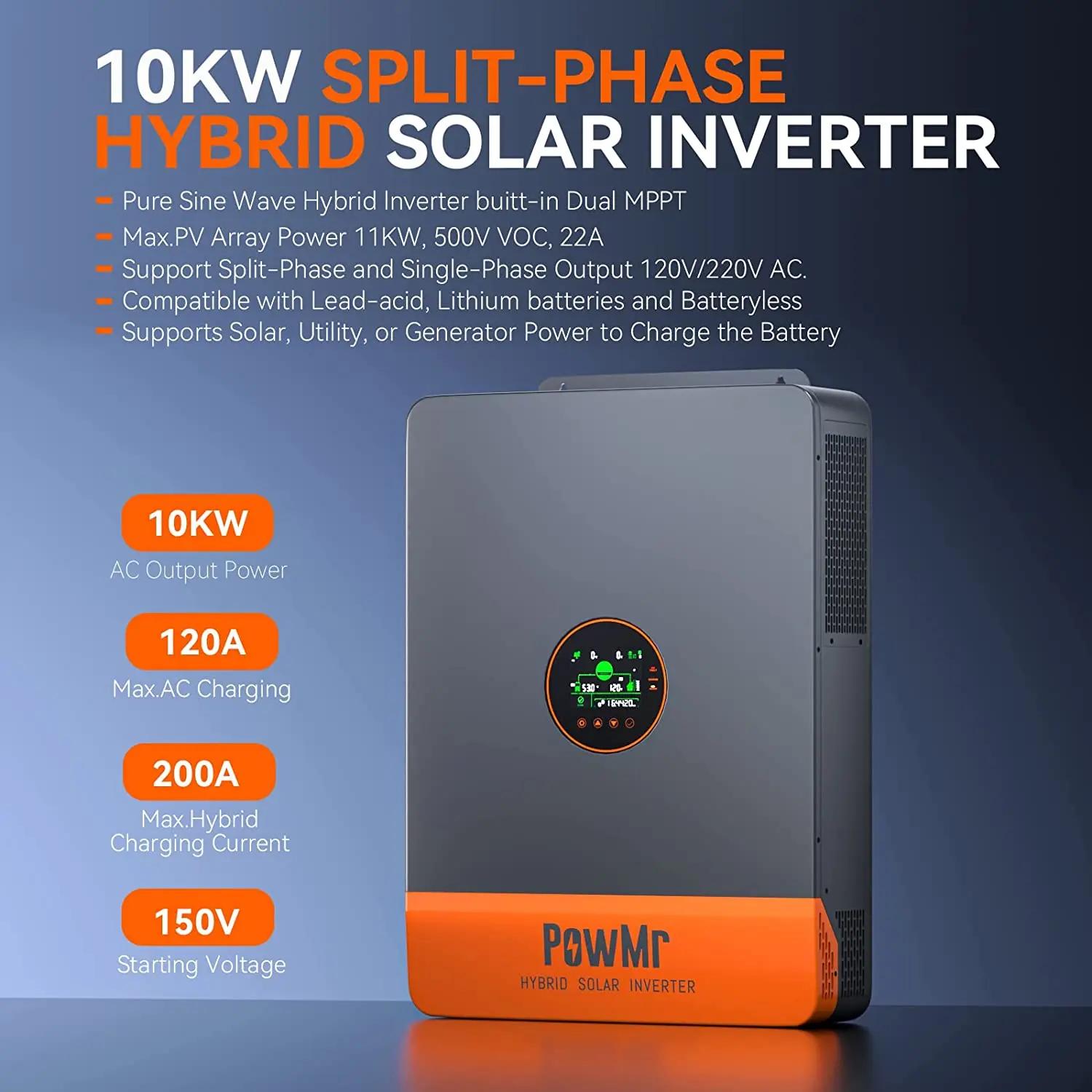 PowMr-Onduleur hybride à onde sinusoïdale pure, 10KW, 48V DC à 120V, 240V AC, phase fendue, intégré,