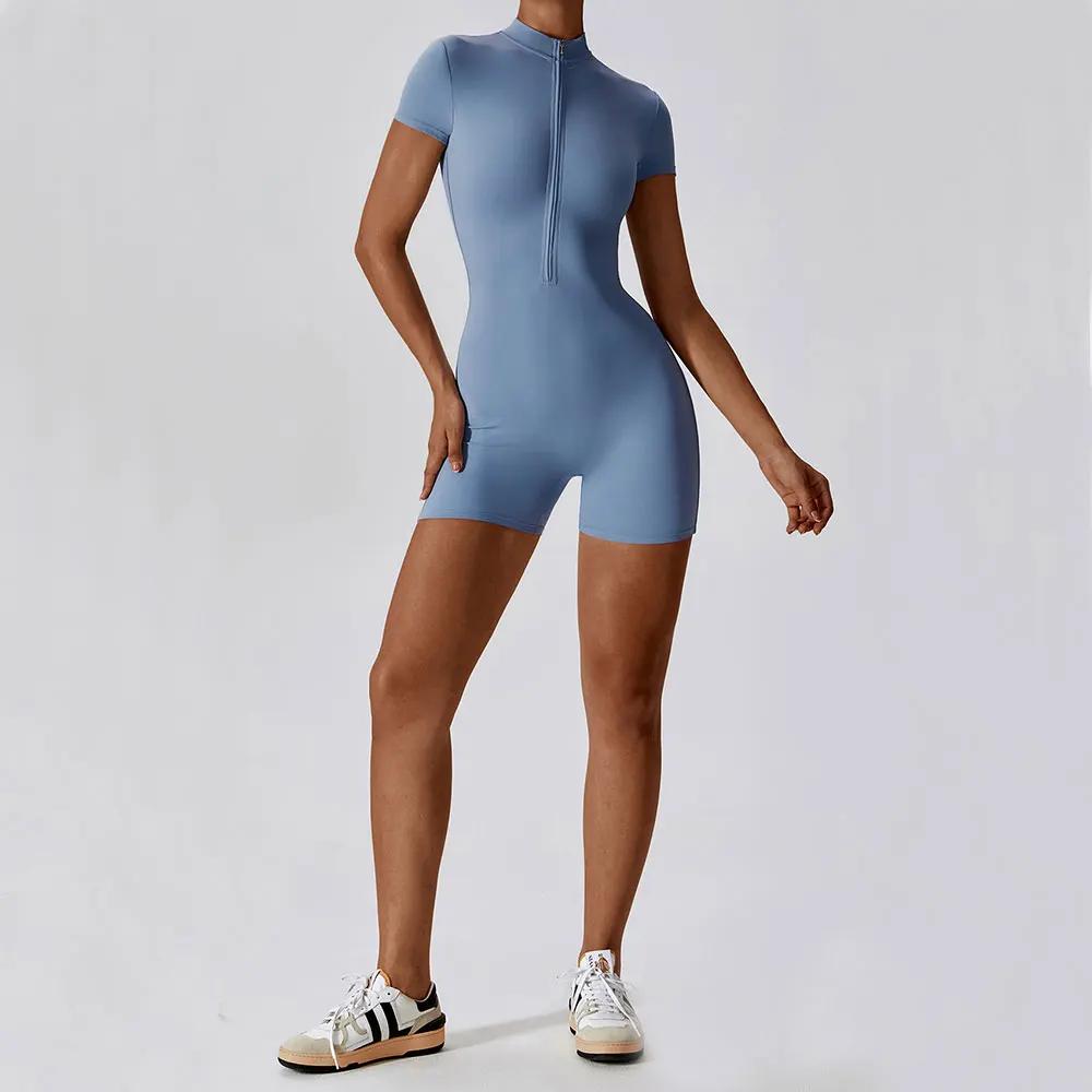 Combinaison de Yoga d'été à manches courtes avec fermeture éclair, tenue de sport, Fitness, body pou