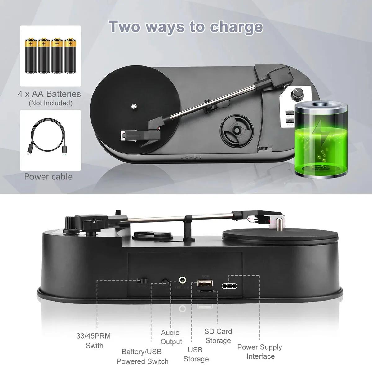 Phonographe Portable 33/45 tr/min, lecteur de platine, convertisseur pour enregistrements de musique