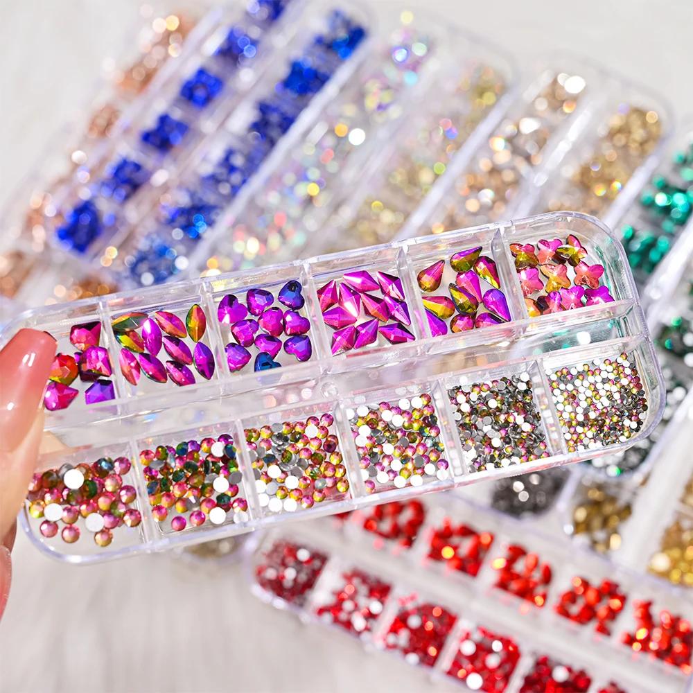 Strass en cristal de forme mixte pour Nail Art, 12 grilles, rose/rouge, pierres précieuses à dos pla