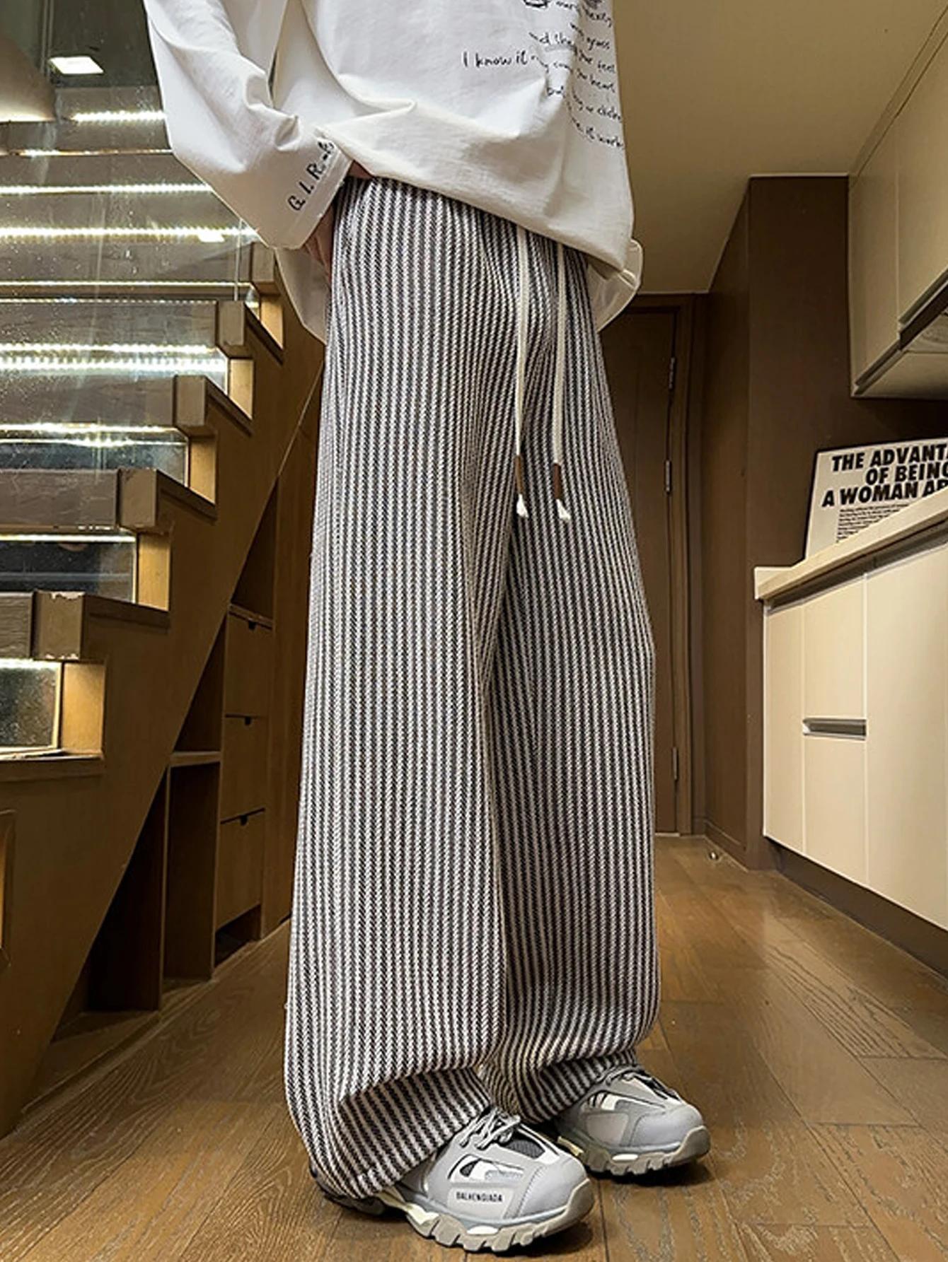 Pantalon rayé décontracté d'automne pour hommes, pantalon tissé avec ceinture élastique à cordon de