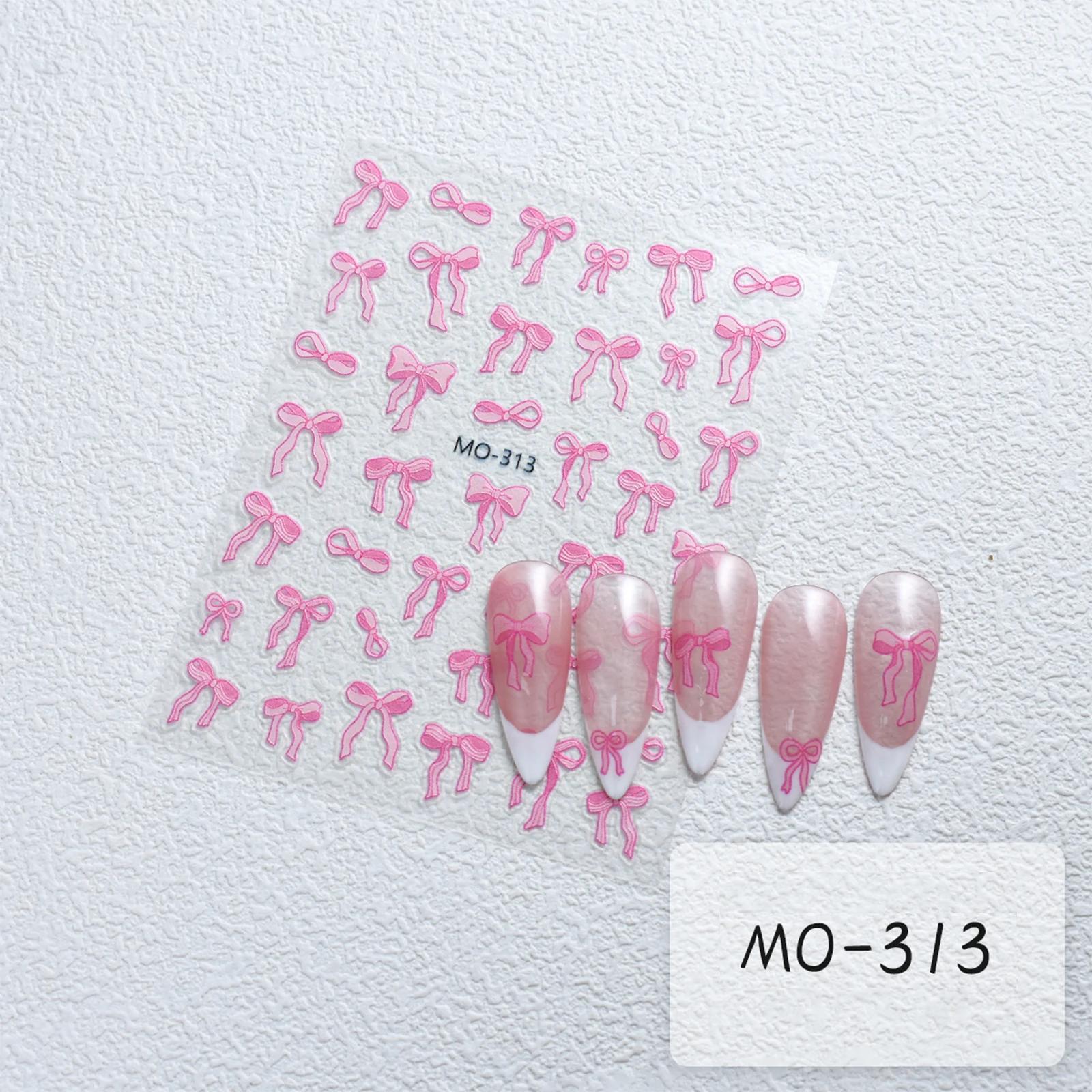 Autocollants pour ongles à nœud papillon, ruban blanc en Relief 3D, mignon, rose doux, autocollants