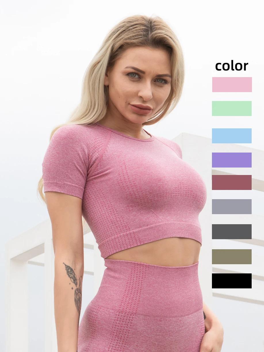 Femmes sans couture Yoga T-Shirt Fitness haut court entraînement chemises de gymnastique à manches c