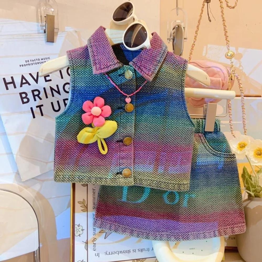 Ensemble deux pièces pour fille, couleur dégradée, avec revers, sans manches, décoration tournesol 3