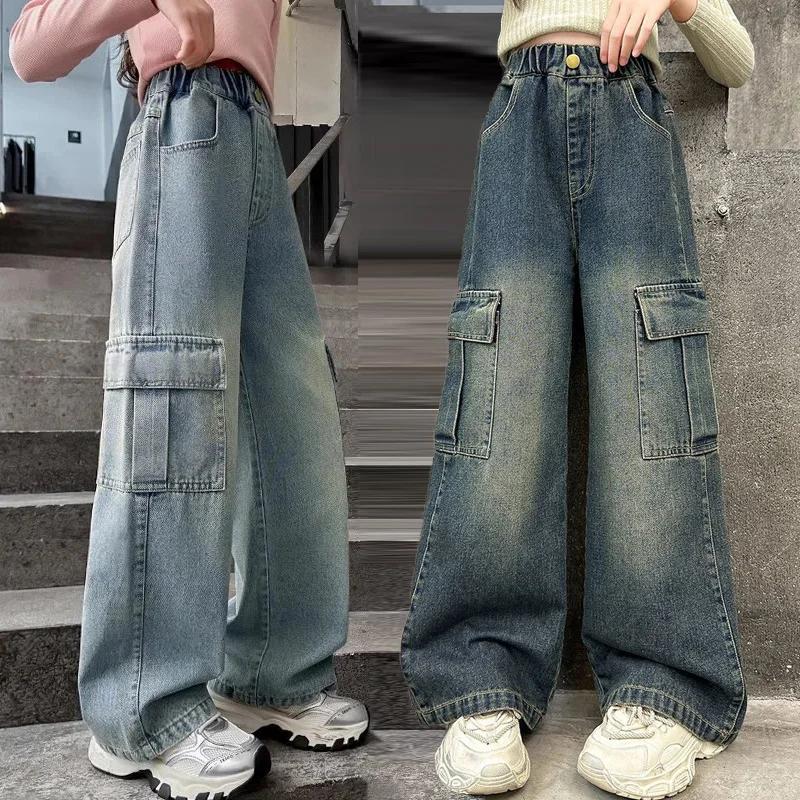 Jeans cargo pour filles, pantalons en denim à jambes larges pour enfants, vêtements de rue tendance
