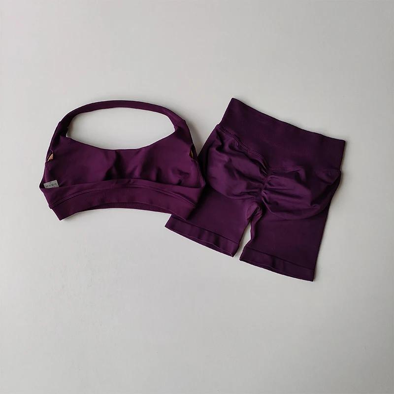 Ensemble fitness sexy licou cou dos nu taille haute soutien-gorge short Pilates Yoga