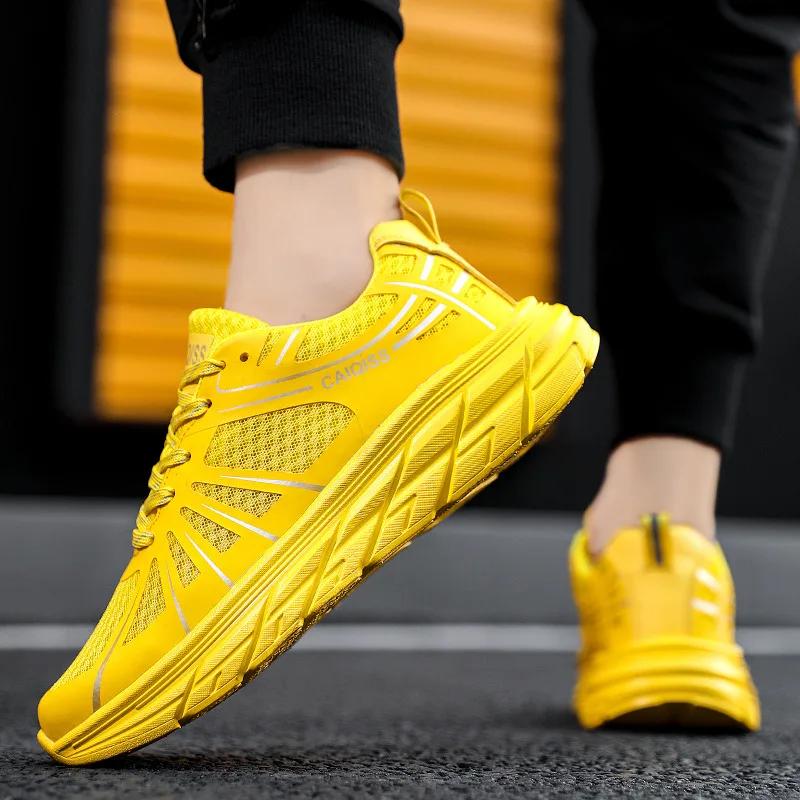 Chaussures de course respirantes en maille pour couple, baskets athlétiques jaunes à la mode pour ho