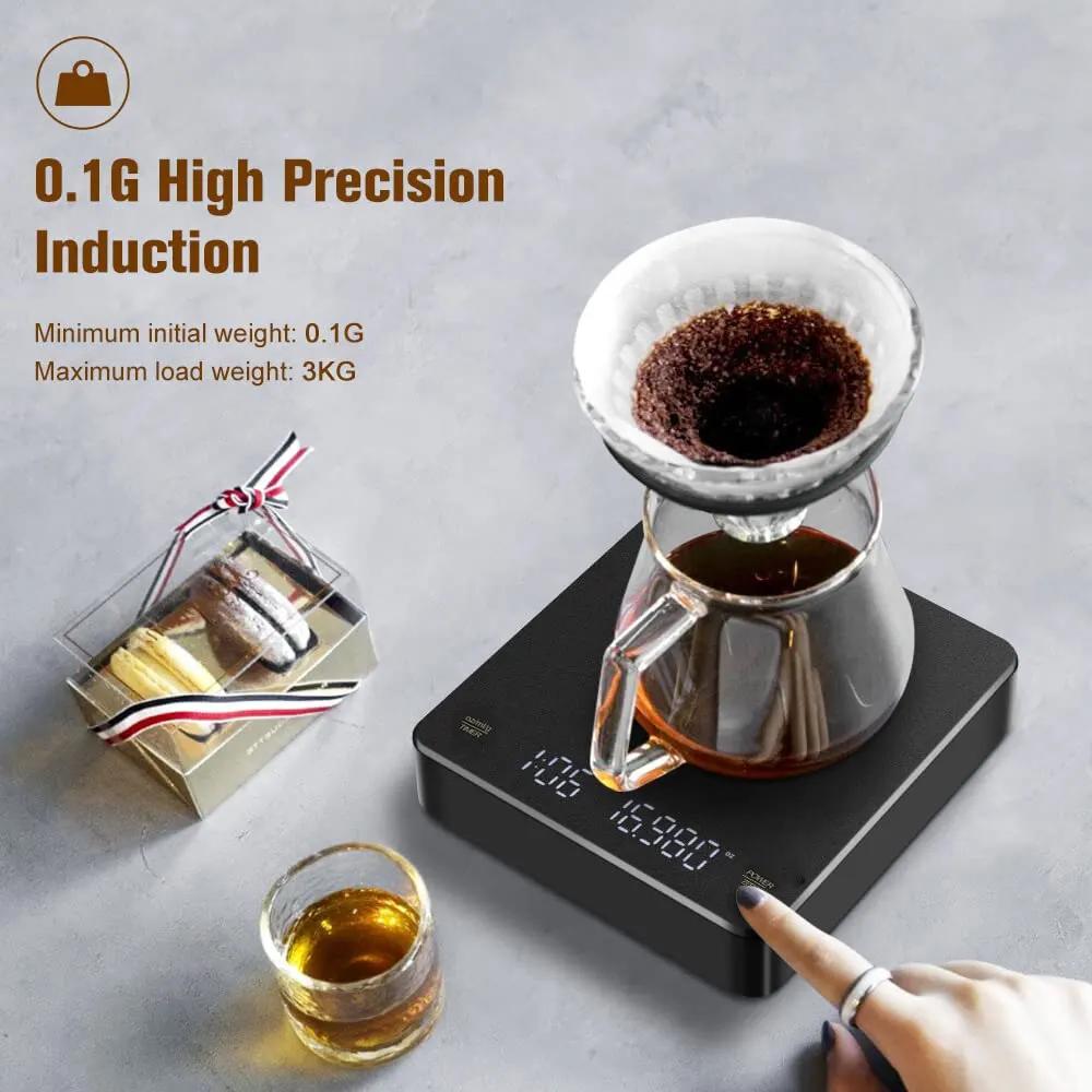 Balance à café numérique avec minuterie, écran LED, expresso, USB, 3kg max, pesée de 0.1g, mesures d