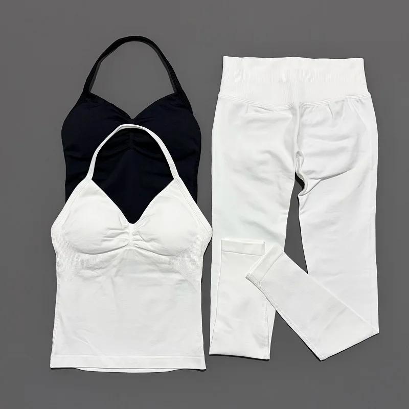 Ensemble de yoga sans couture pour femme : haut dos nu et leggings taille haute froncés aux fesses,