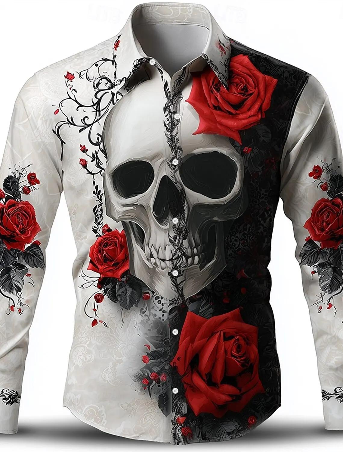 Chemise boutonnée à manches longues pour hommes, squelette Rose Skulls, Style gothique foncé, Street