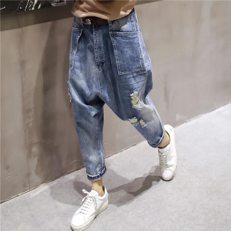 Été bleu goutte entrejambe denim pantalon homme Streetwear danse baggy pantalon croisé hommes ample