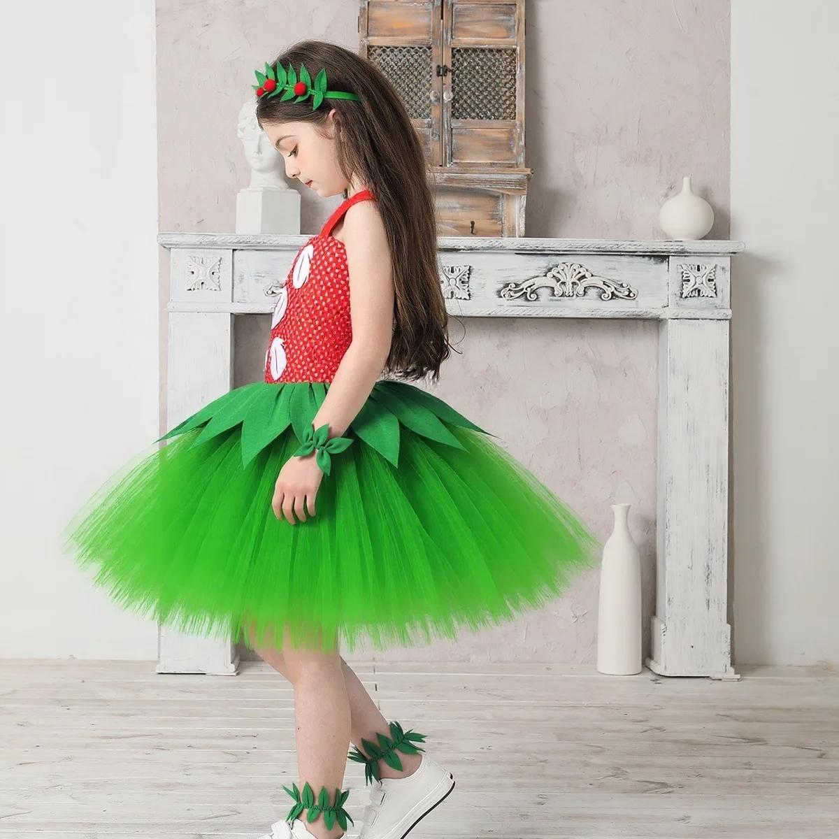 Costume d'Halloween pour filles, robe de fête hawaïenne à fleurs rouges et vertes avec couronne, ten
