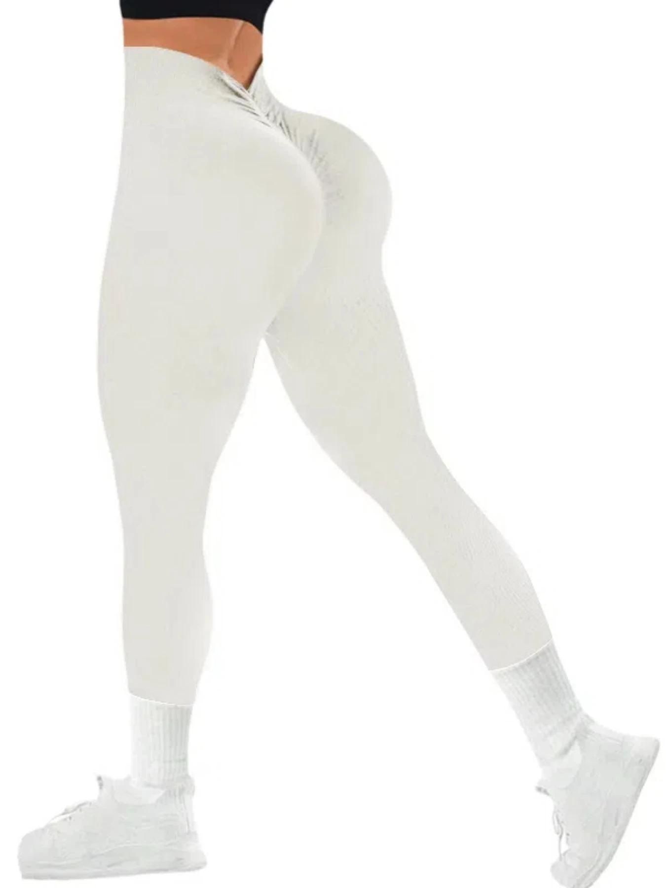 Pantalon de Yoga sans couture, couleur unie, dos en V, taille haute, tricoté côtelé, haute élasticit
