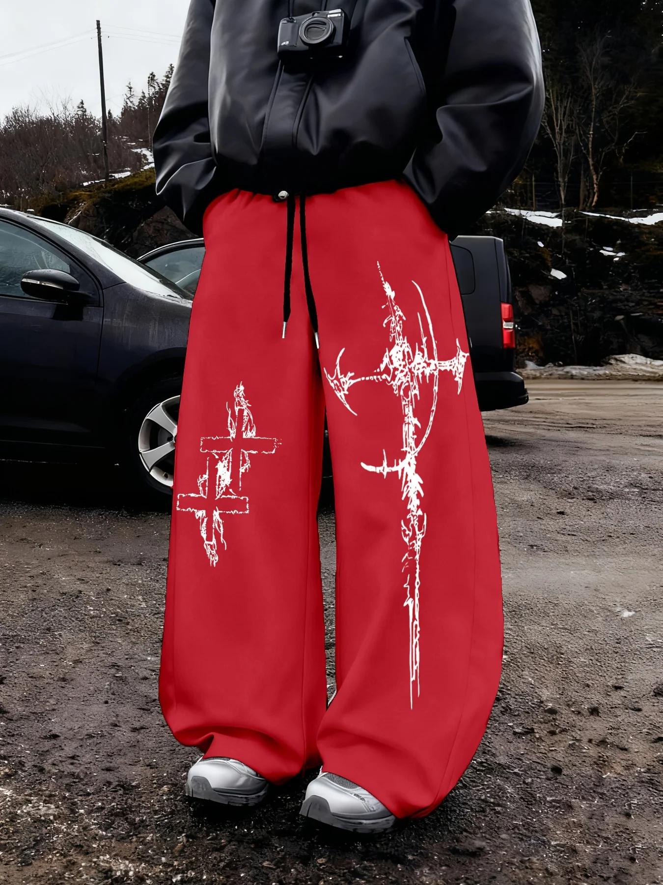 Pantalon de sport décontracté et tendance pour homme, imprimé motif croisé, avec cordon de serrage,