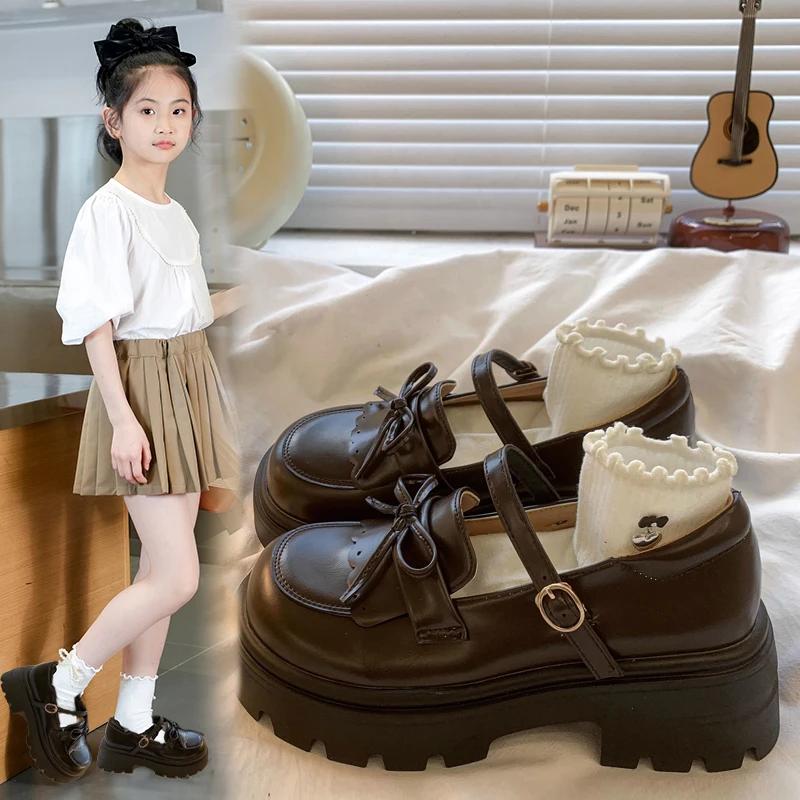 Chaussures enfants en cuir noir Mary Janes filles chaussures nœud semelle épaisse chaussures de fête